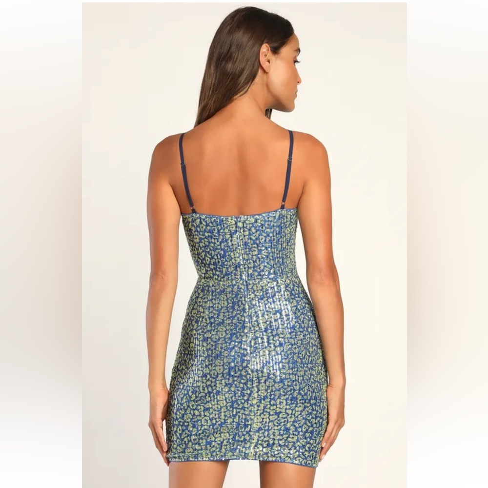 NEW w/ tags - Lulus Blue Leopard Print Sequin Bodycon Mini Dress - Size XS - Picture 6 of 6